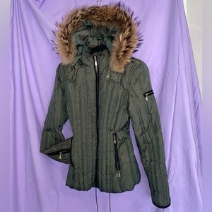 Michael Kors Iridescent Olive Green Down Jacket with Raccoon Fur Hood - Medium